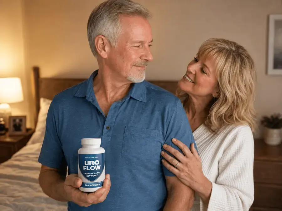 David H. with his wife, holding a bottle of UroFlow